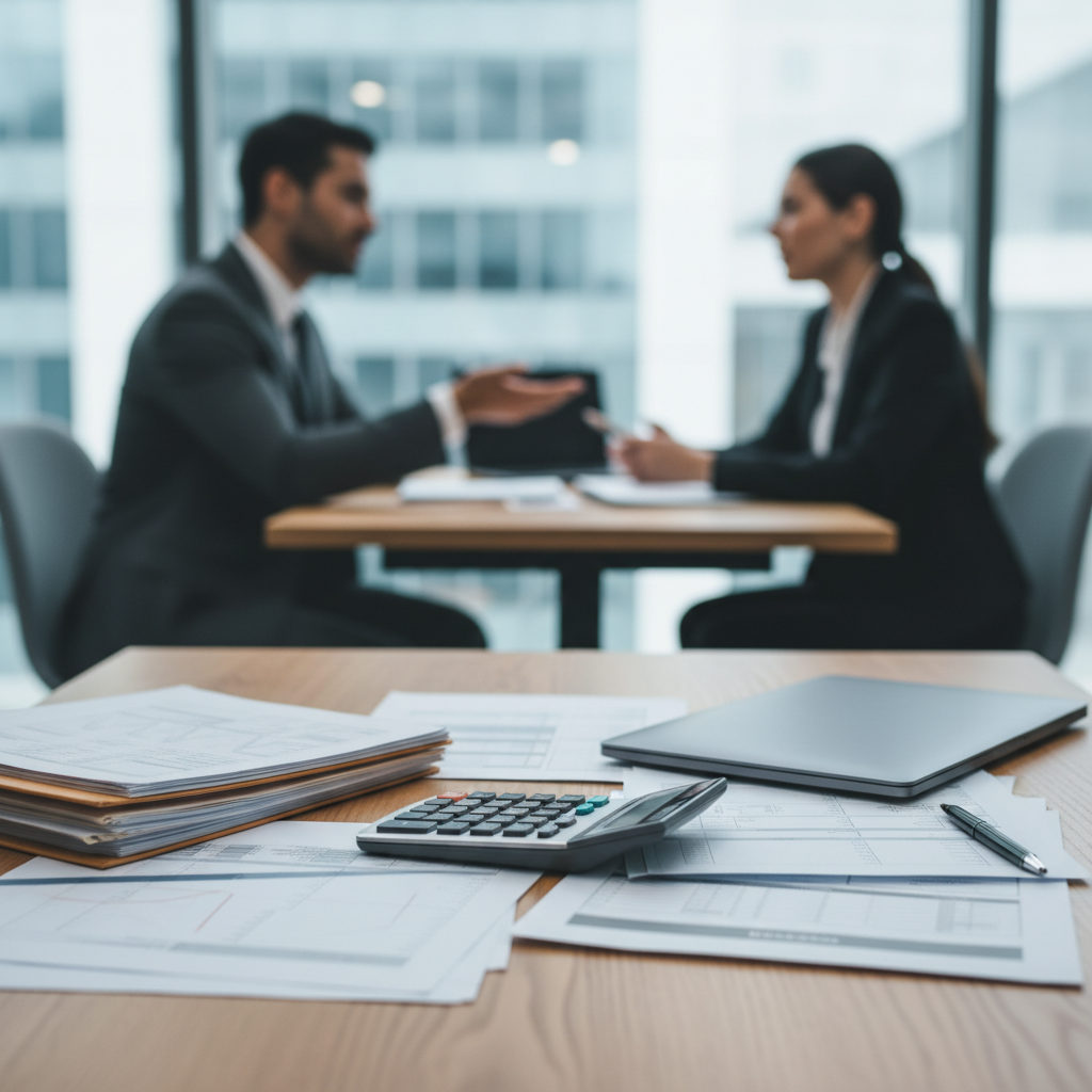 Self Employed czy Limited Company Co wybrać w 2026 roku gdy wchodzi MTD? – Biurko z kalkulatorem, laptopem i dokumentami poda