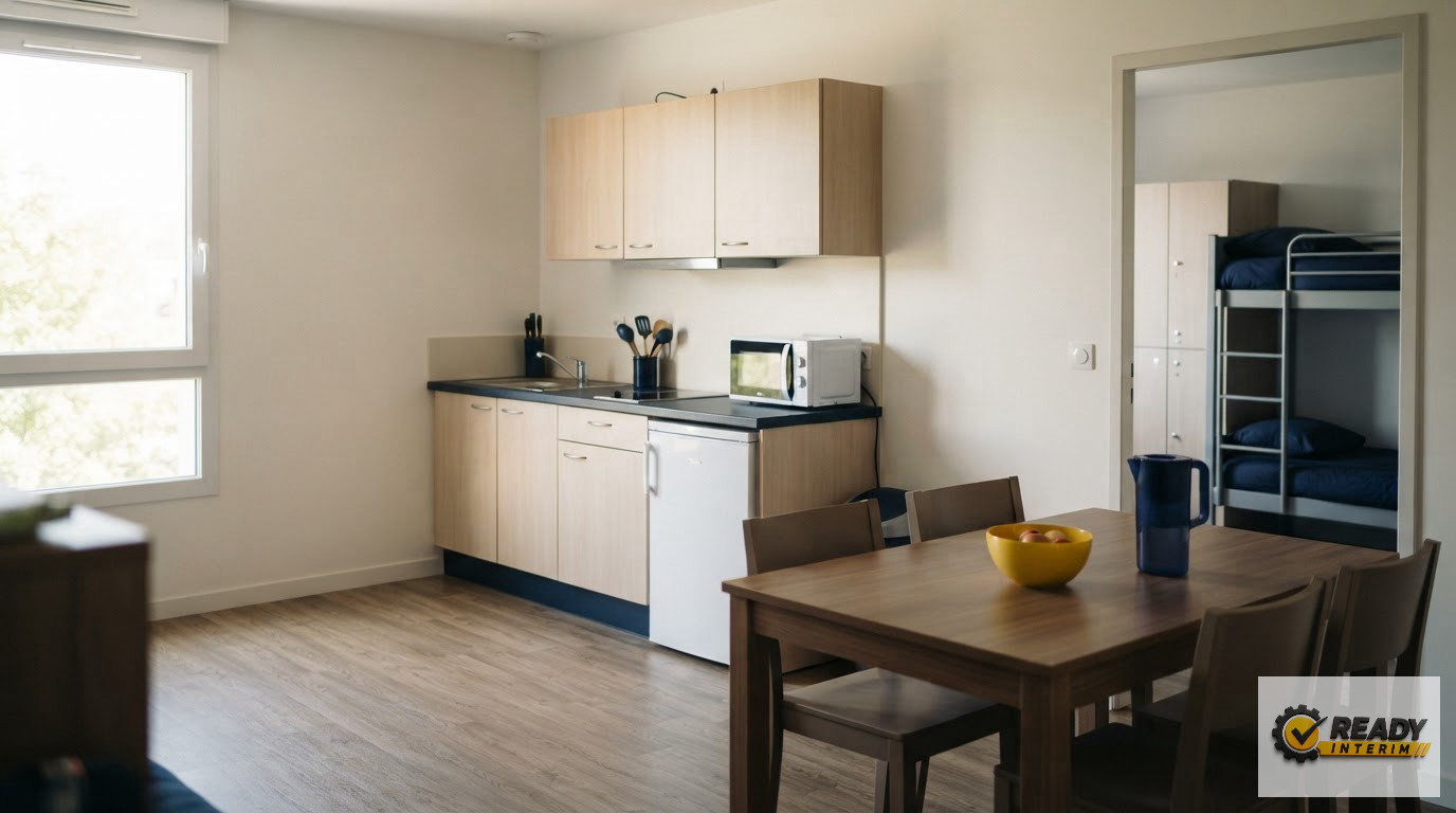 Intérieur propre et équipé d'un logement collectif pour travailleurs intérimaires.