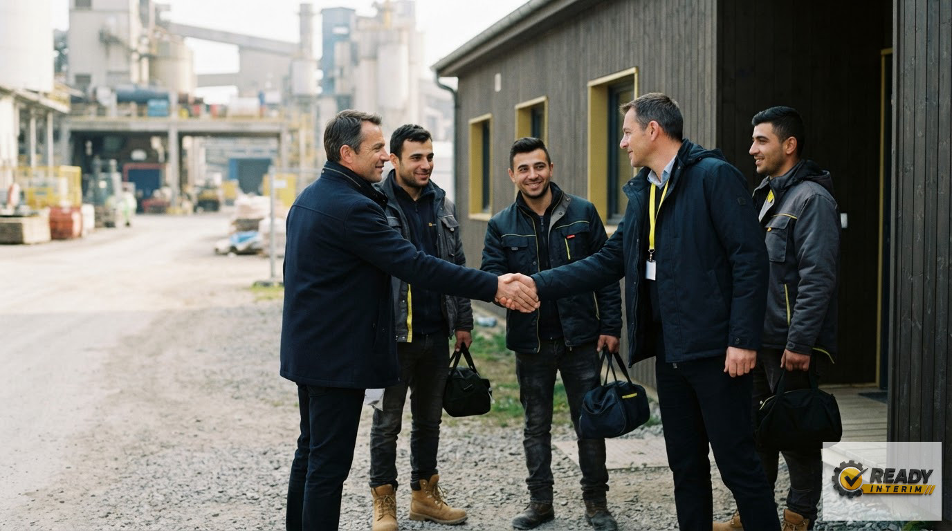 Responsable RH accueillant une équipe de travailleurs roumains sur un site.
