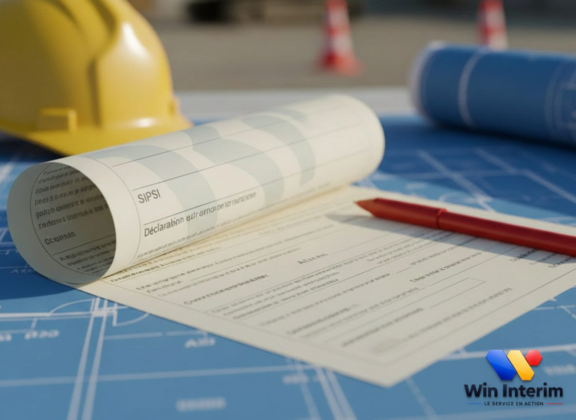 Formulaire SIPSI et certificat A1 sur un plan de construction.