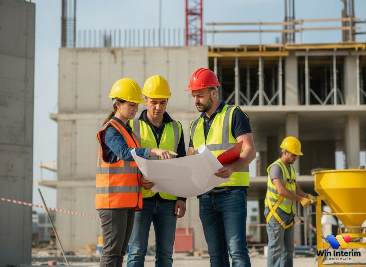 Travailleurs français et roumains collaborant sur un chantier moderne.