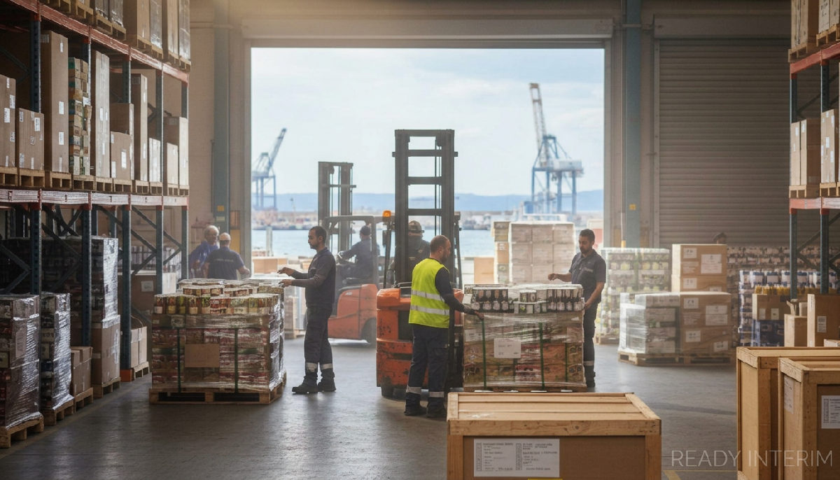 Entrepôt du port de Marseille avec des travailleurs actifs.