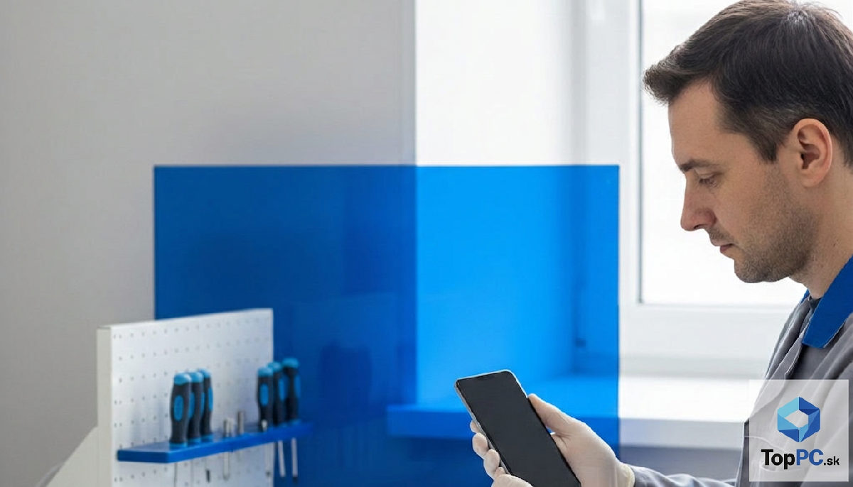 recenzie repasovaných smartfónov – Technik kontroluje repasovaný smartfón v dielni.
