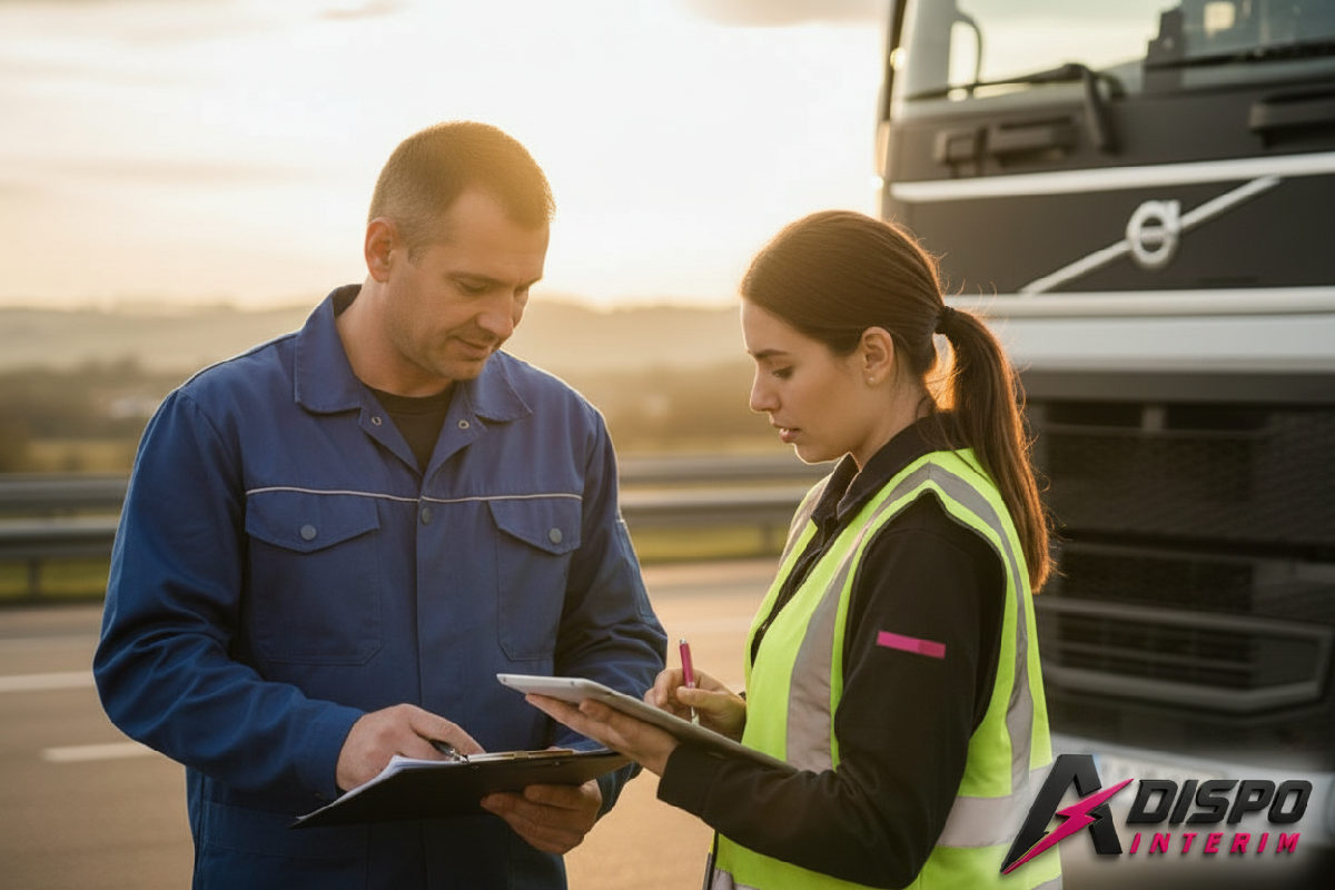 Chauffeur routier présente ses documents lors d'un contrôle sur une aire d'autoroute.