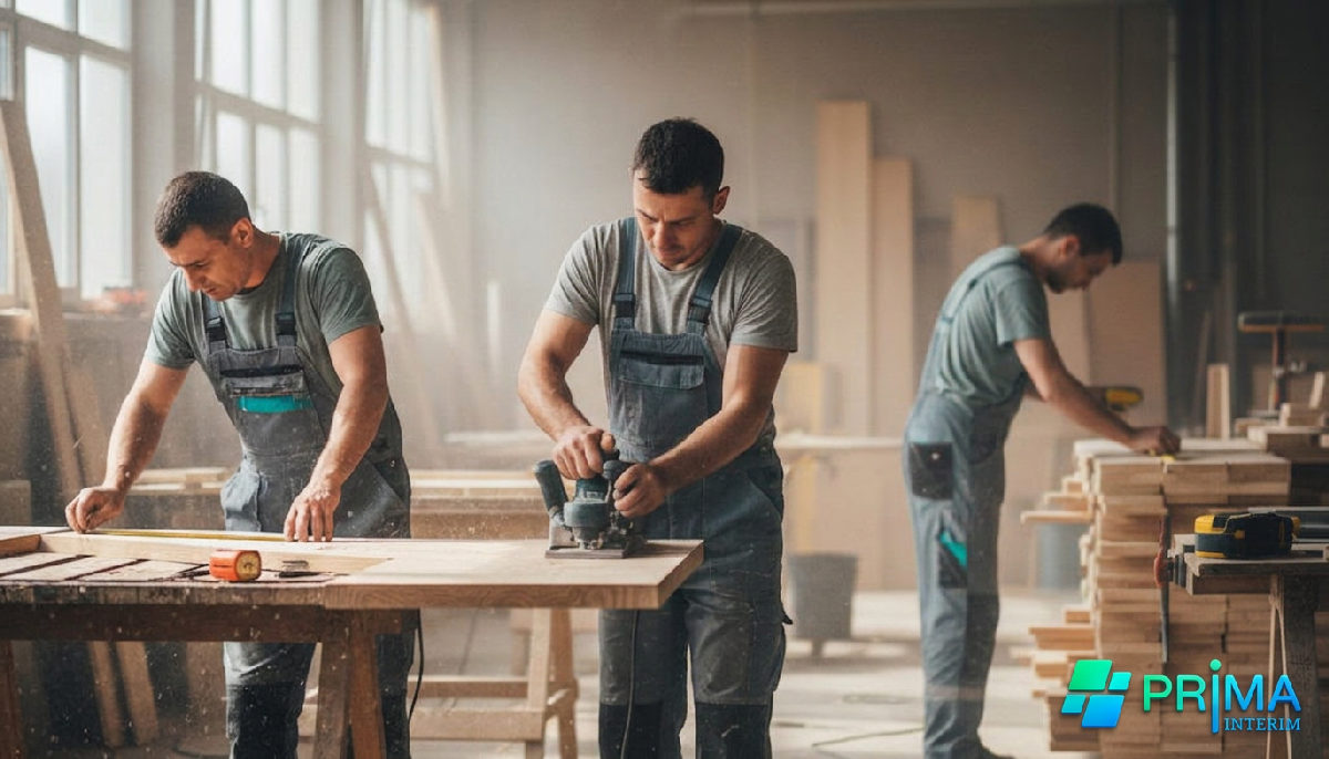 Menuisiers est-européens installant des meubles sur un site de construction.