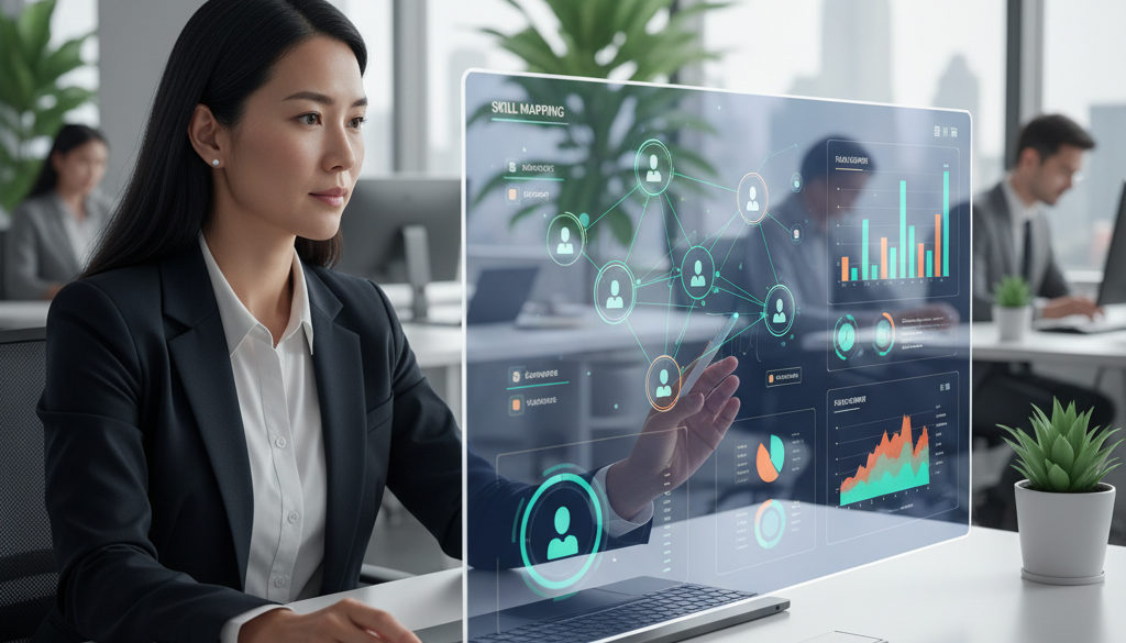 formation développement compétences – RH analysant un tableau de bord de compétences et de besoins futurs.