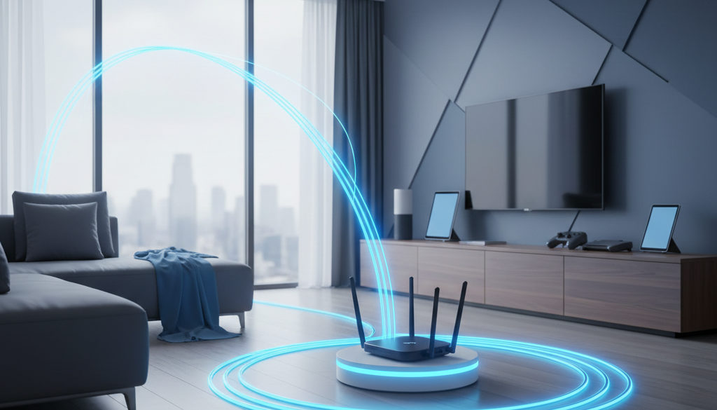 Fiber optic cables powering a smart home with connected devices.