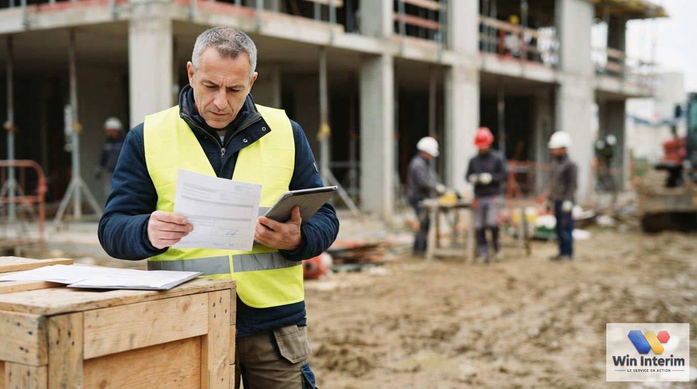 Un inspecteur du travail vérifiant des documents officiels sur un chantier français.