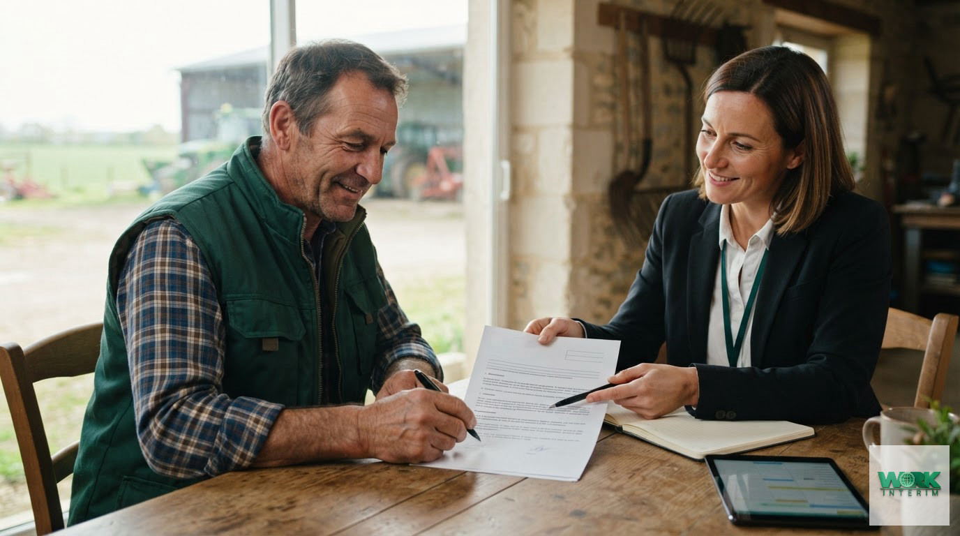Agriculteur signant un contrat avec un agent de recrutement professionnel.