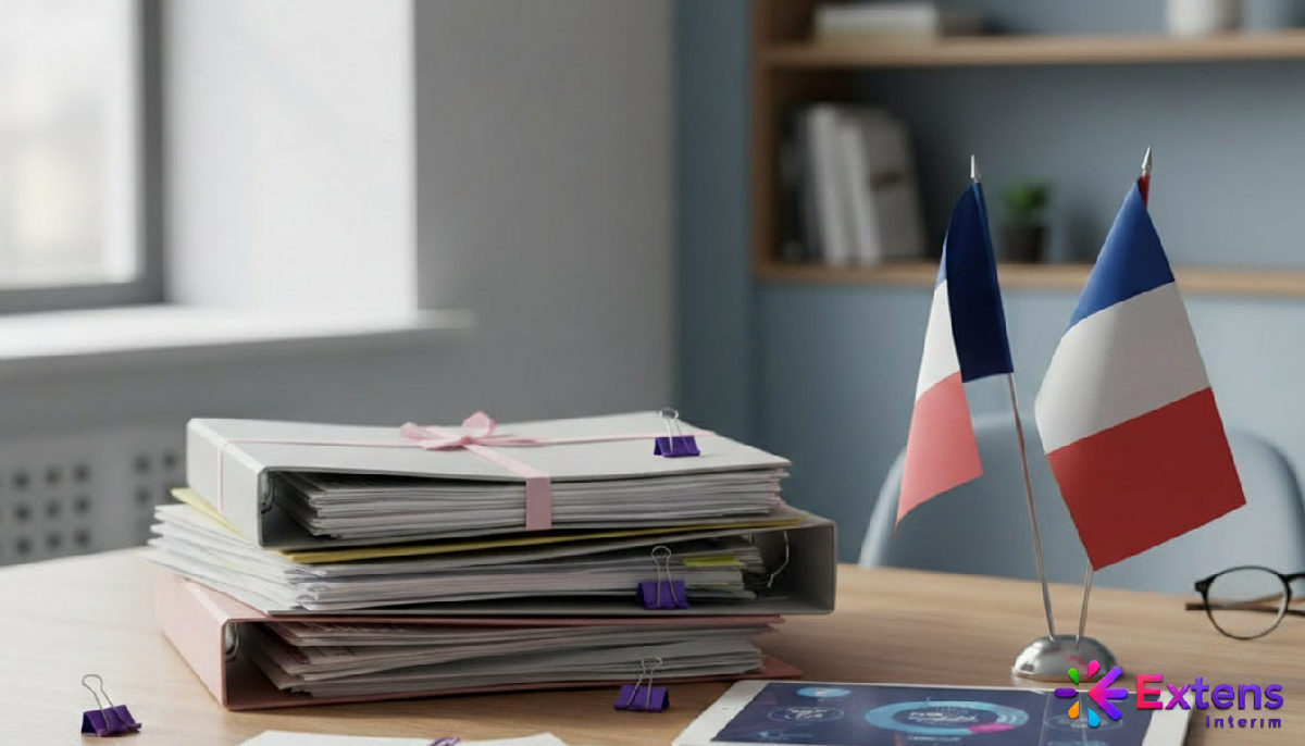 Bureau RH avec dossiers, drapeaux français et roumains, symbolisant le recrutement international.