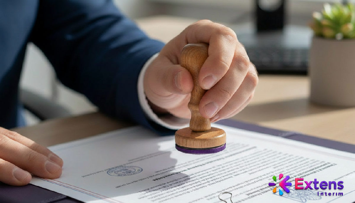 Main tamponnant 'Vérifié' sur un document officiel de travailleur roumain en France.