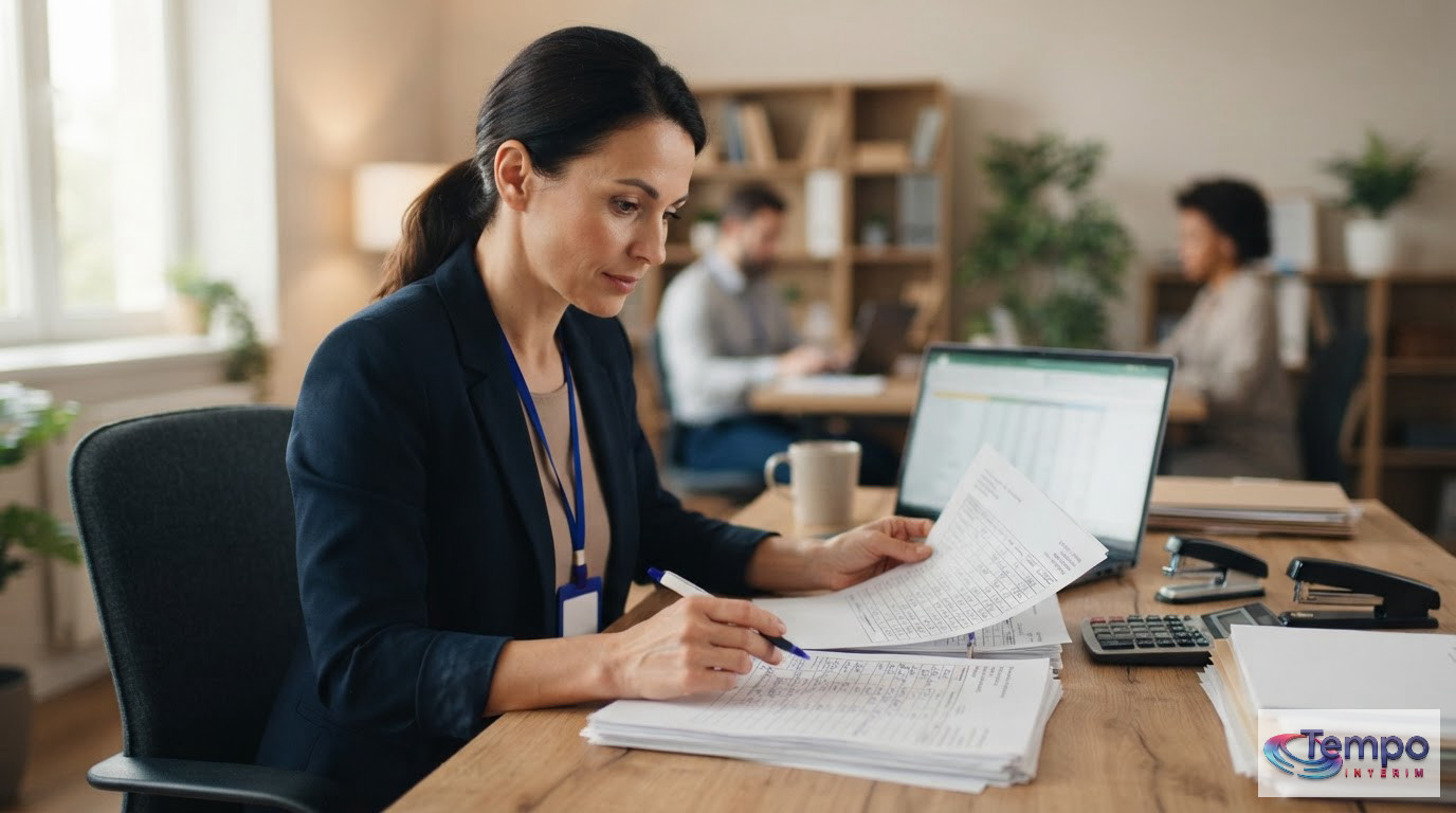 Un gestionnaire RH examinant des fiches de paie de travailleurs roumains.