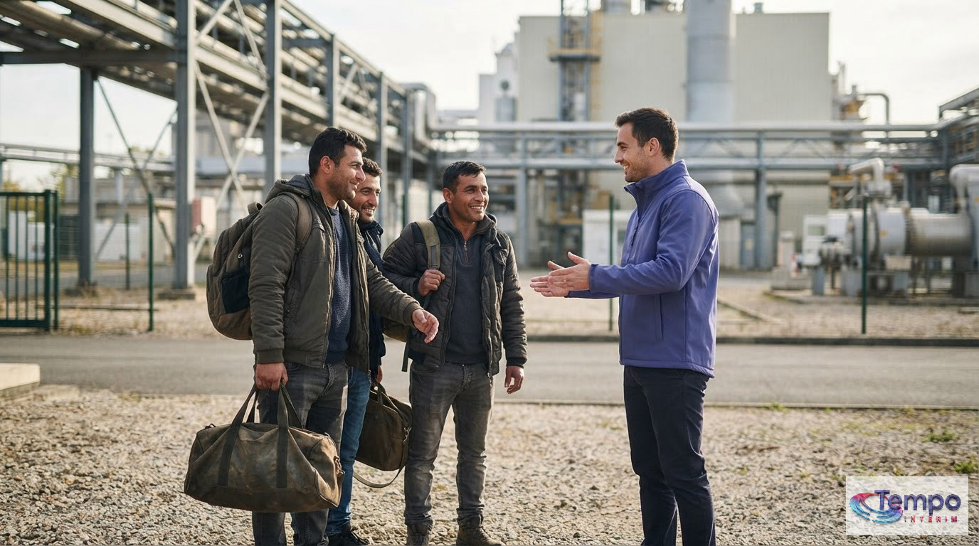 Des travailleurs roumains accueillis sur un site industriel par un responsable.