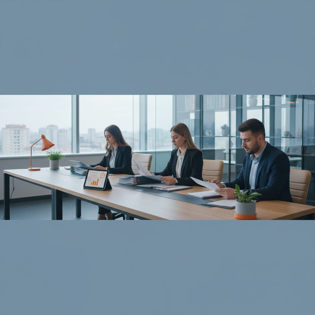 Un bureau de recrutement moderne où des chargés de recrutement roumains experts analysent des dossiers de candidats qualifiés pour le marché français.