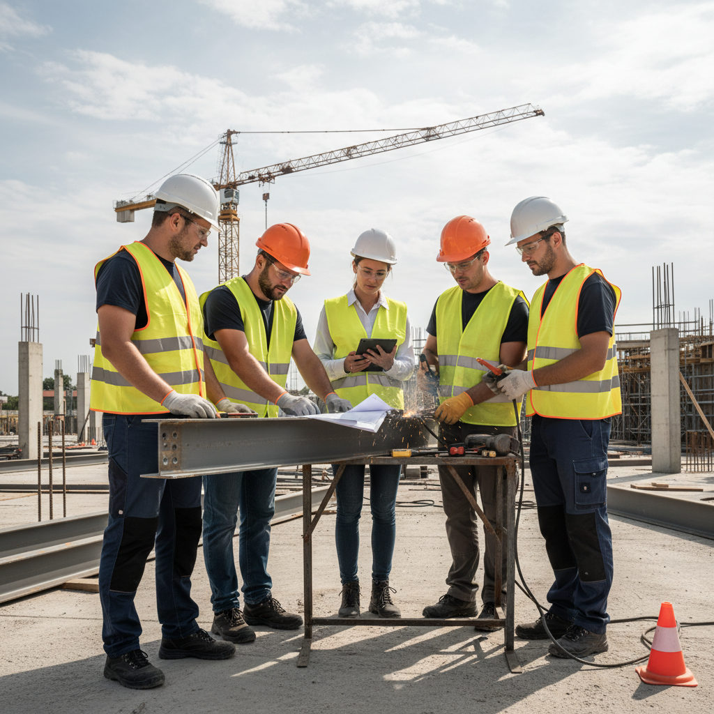 Un groupe de travailleurs roumains qualifiés sur un chantier de construction en France, illustrant la rigueur et le savoir-faire technique.