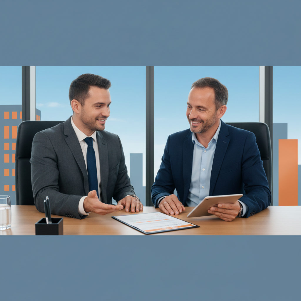 Un gestionnaire de Perform Intérim expliquant les détails d'un contrat de mise à disposition à un chef d'entreprise français, illustrant la transparence et la confiance.