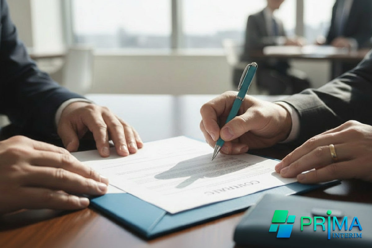 Mains signant un contrat de travail international, symbolisant la conformité juridique.