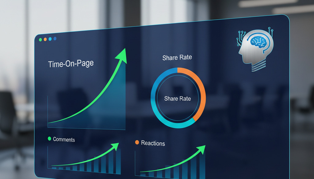 AI dashboard shows rising content engagement metrics.