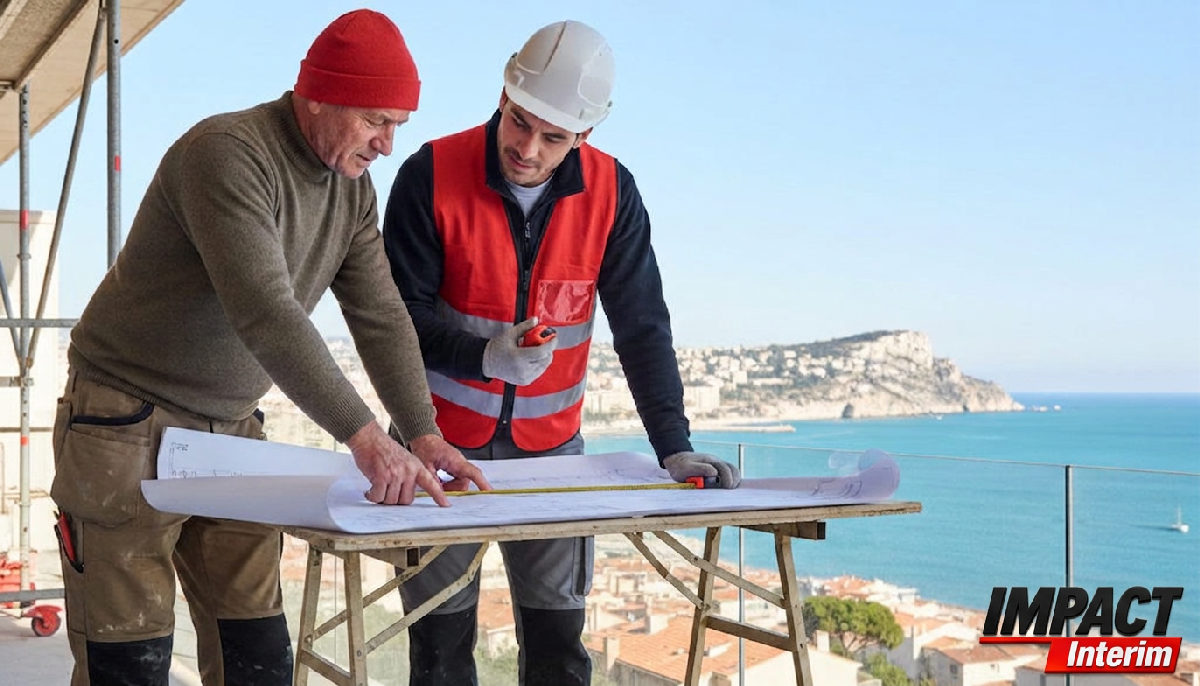 Maçons roumains examinant des plans de construction avec vue sur la côte marseillaise.