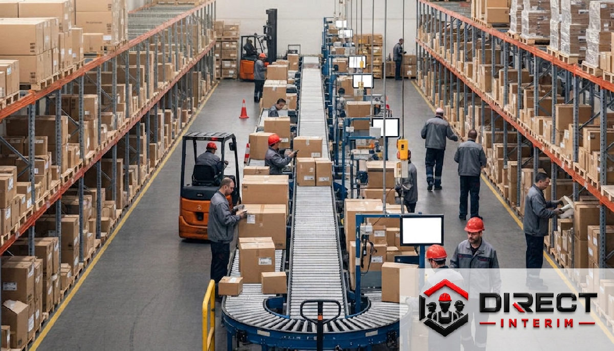 interim direct fête nationale – Entrepôt industriel animé pendant la haute saison, logistique efficace.
