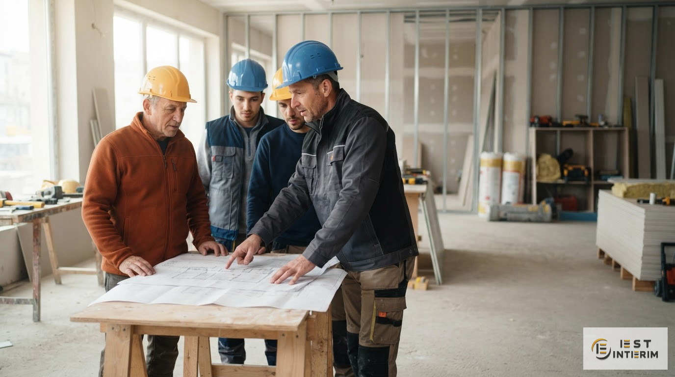 Un chef de chantier expliquant les plans d'exécution à son équipe.