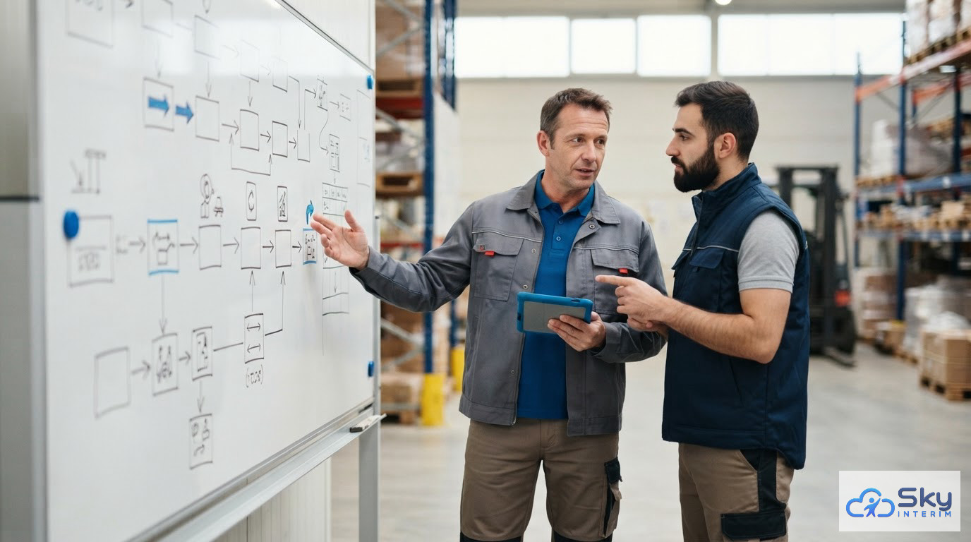 Un chef d'équipe et un cariste communiquent devant un tableau de bord logistique.