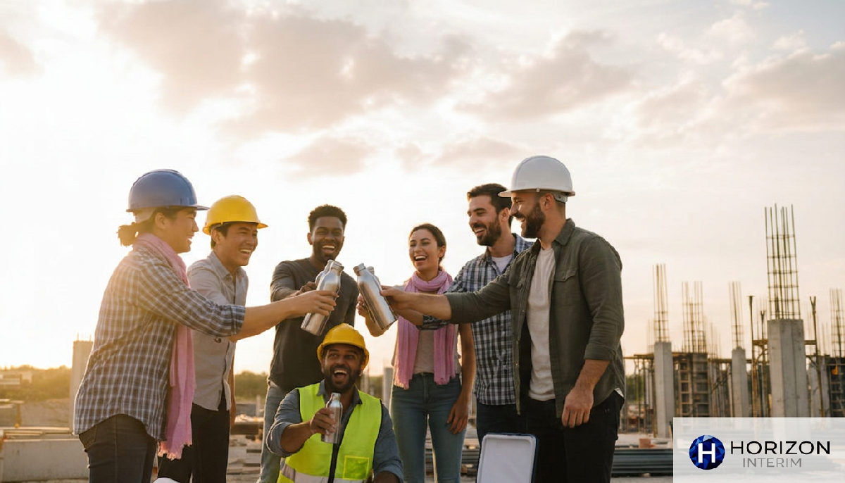 Équipe multiculturelle partageant un moment de convivialité sur un chantier.