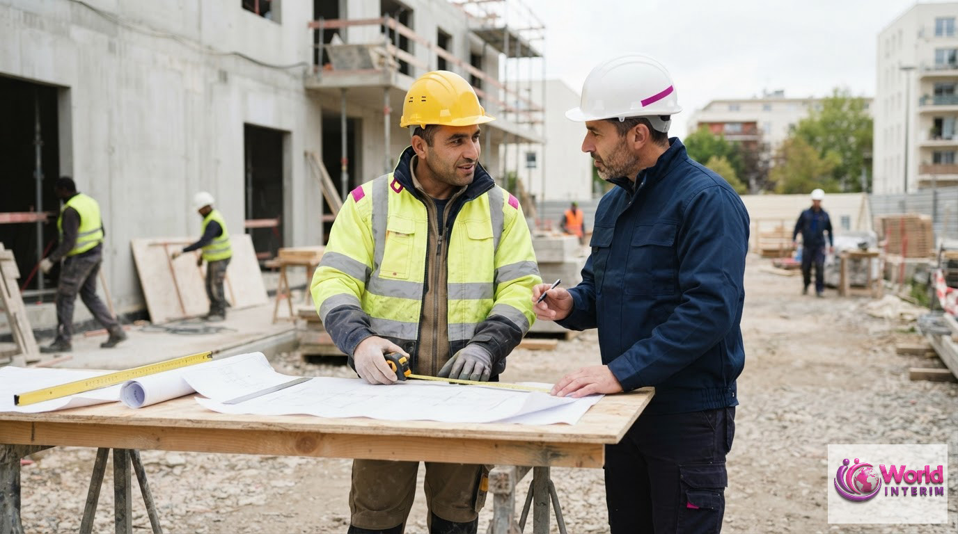 Des ouvriers du bâtiment portant des casques de sécurité sur un chantier français.