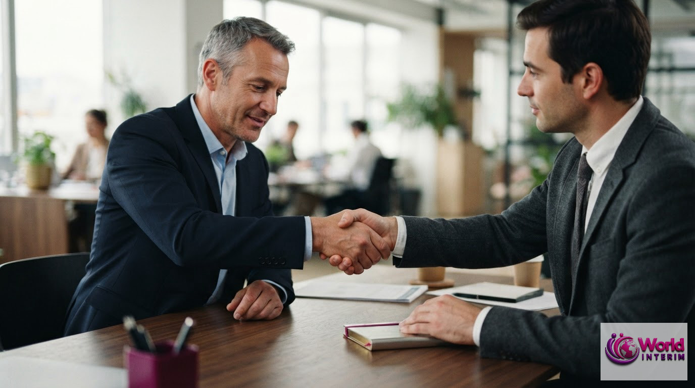 Une poignée de main entre un chef d'entreprise et un représentant d'agence intérim.
