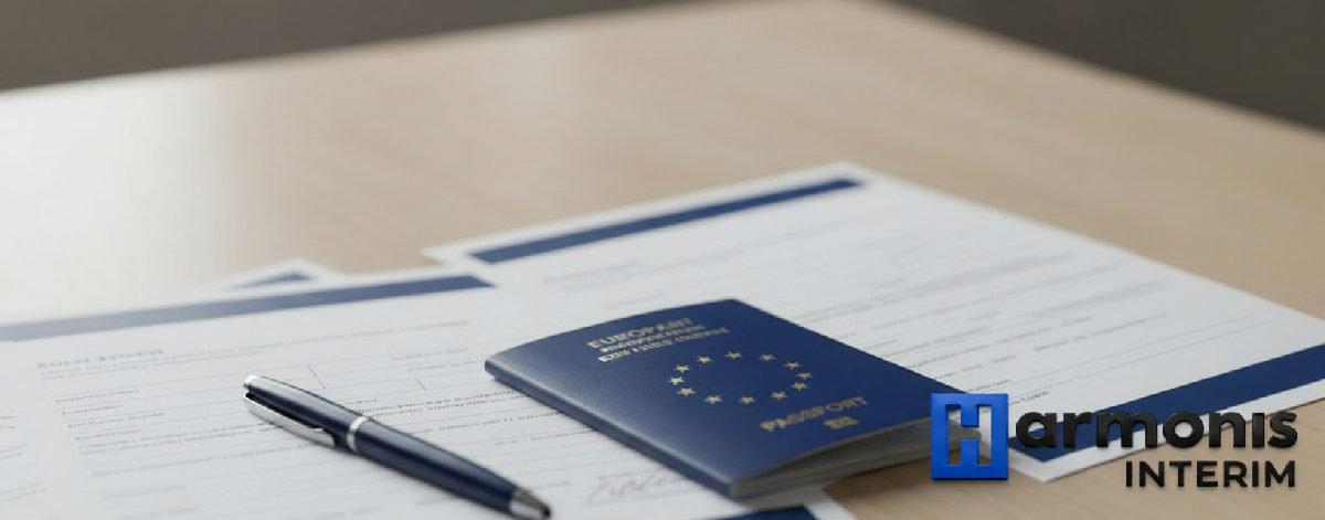 Documents administratifs et passeport européen sur un bureau.