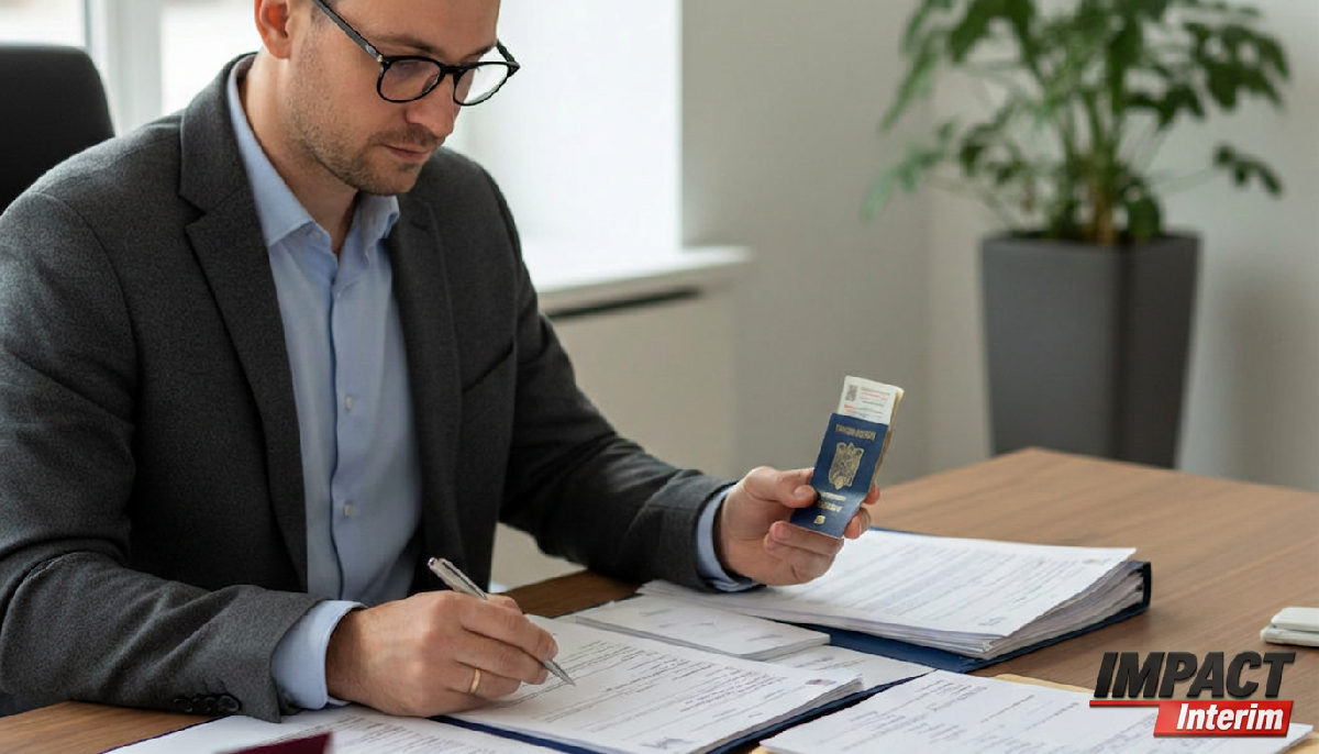 Un consultant Impact Interim vérifie les documents de conformité pour travailleurs roumains.