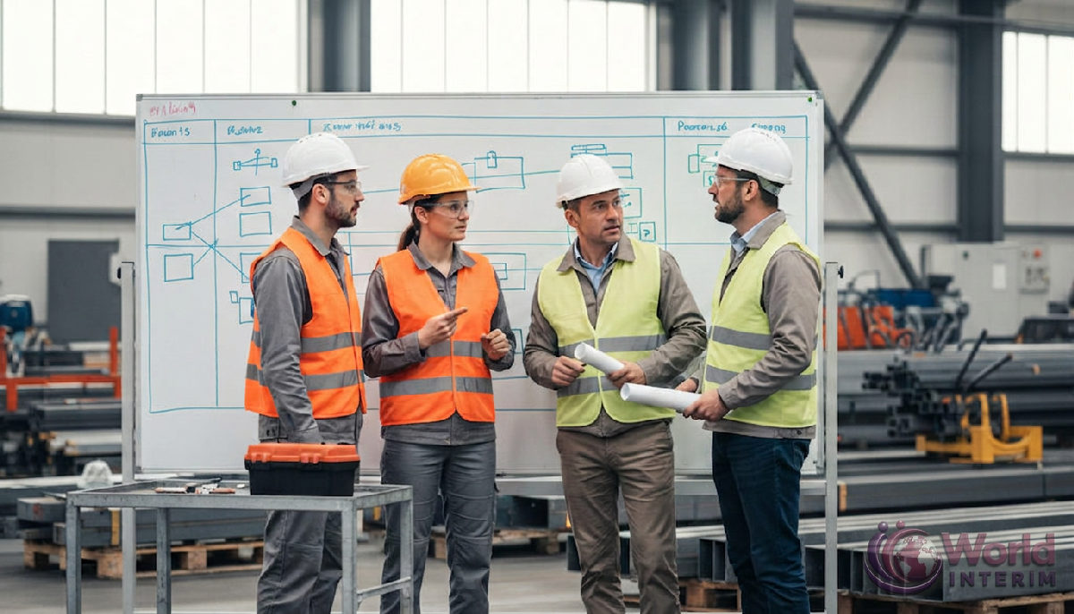 Travailleurs roumains et chef de chantier français discutant planning.