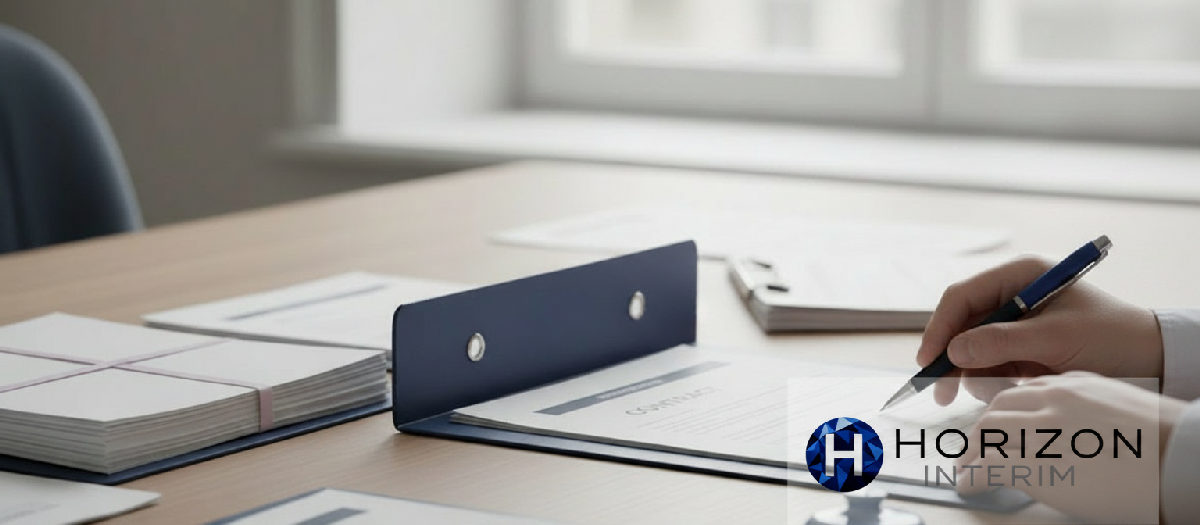 Bureau RH avec documents de conformité et contrats de travail.