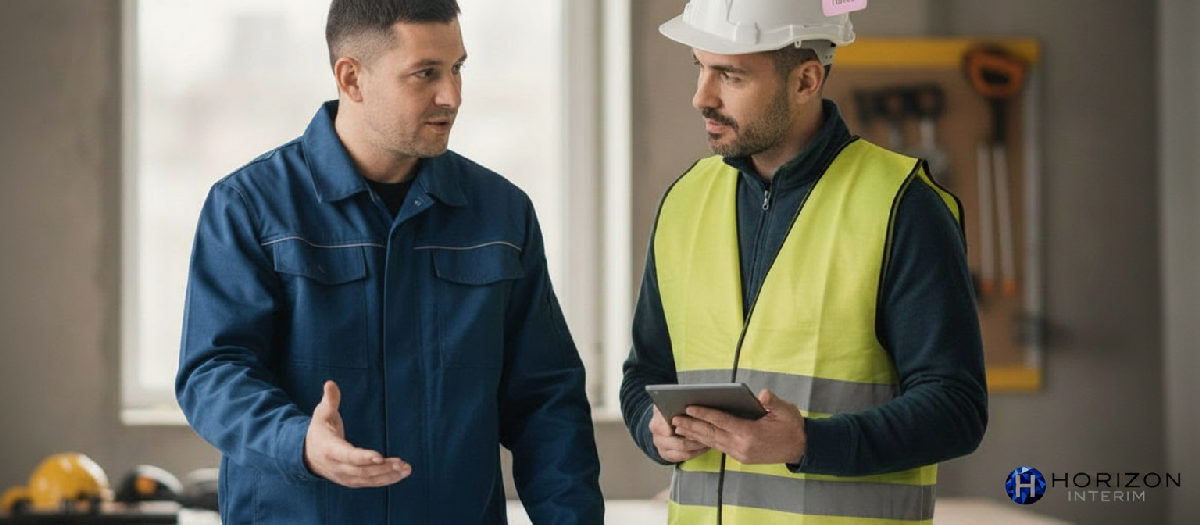 Ouvrier roumain et chef de chantier français discutant devant un plan.