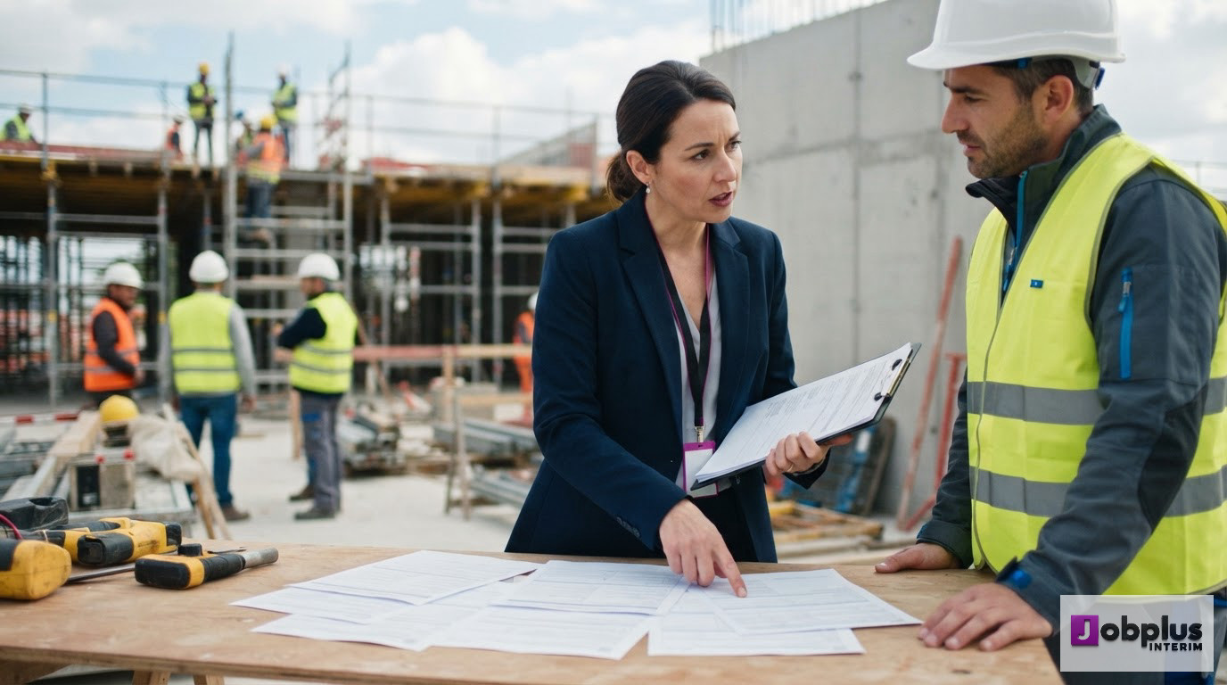 Un inspecteur du travail vérifiant la conformité des documents sur un chantier.