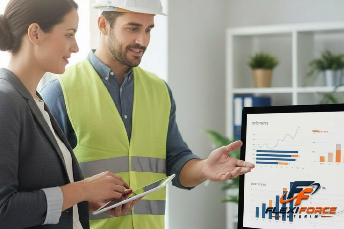 Chef de chantier et responsable RH discutent devant des graphiques.