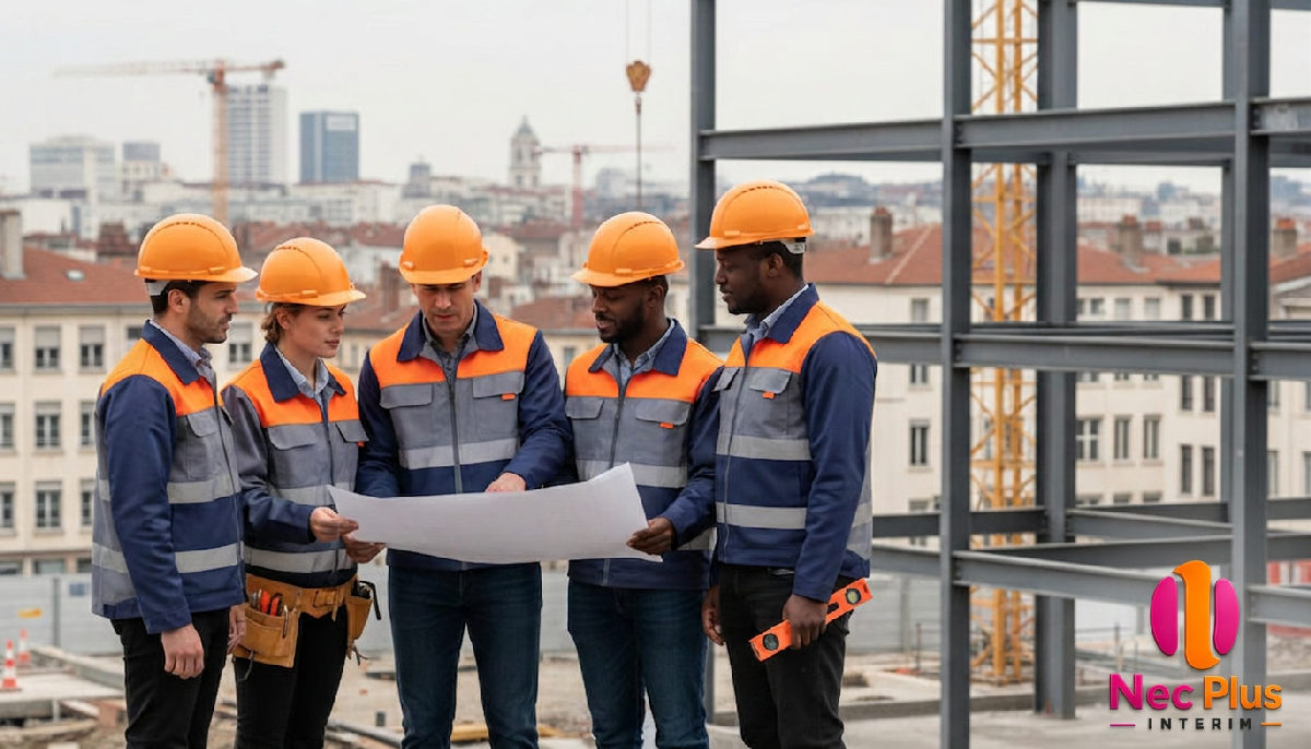 Groupe diversifié d'ouvriers du bâtiment à Lyon unis sur un projet.