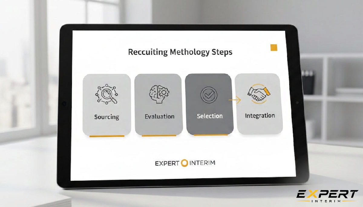 Méthodologie de recrutement : Sourcing, Évaluation, Sélection, Intégration.