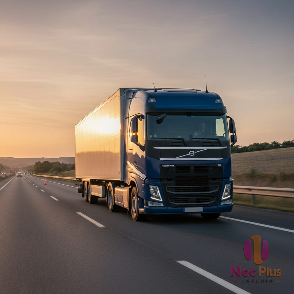 Camion sur une autoroute française au coucher du soleil.