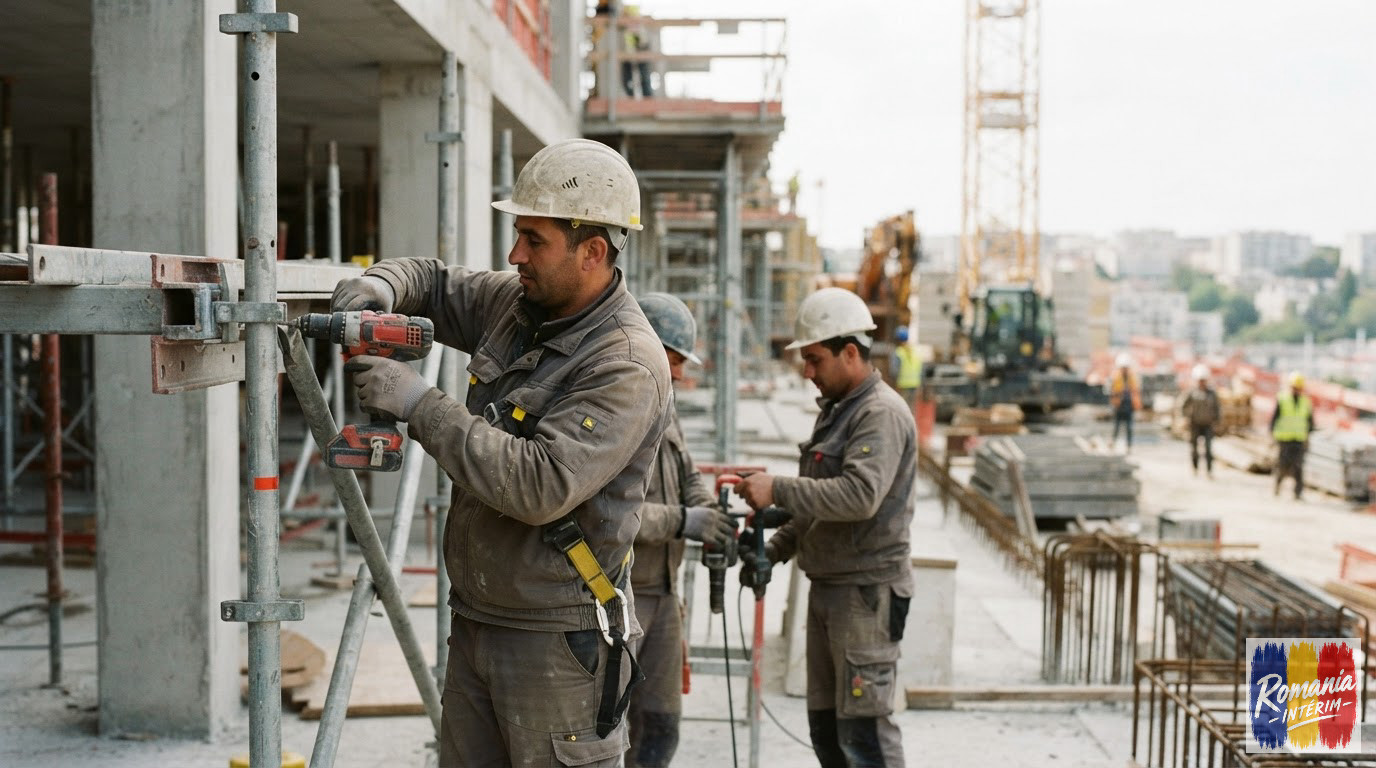 Ouvriers qualifiés travaillant sur un chantier de construction en France.