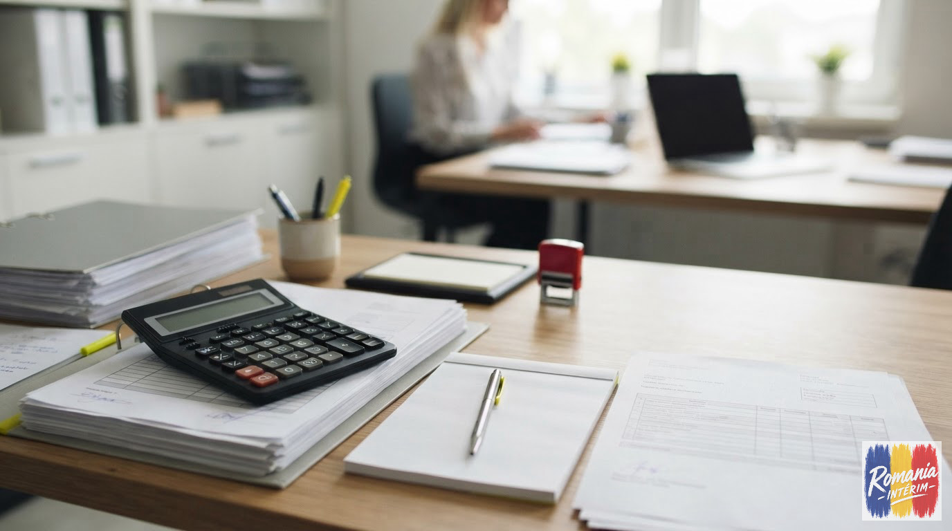 Documents administratifs et calculatrice pour la gestion des salaires et factures.