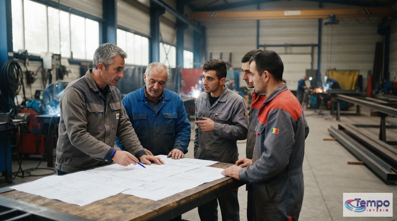 Un chef d'atelier présente des plans techniques à des soudeurs qualifiés.