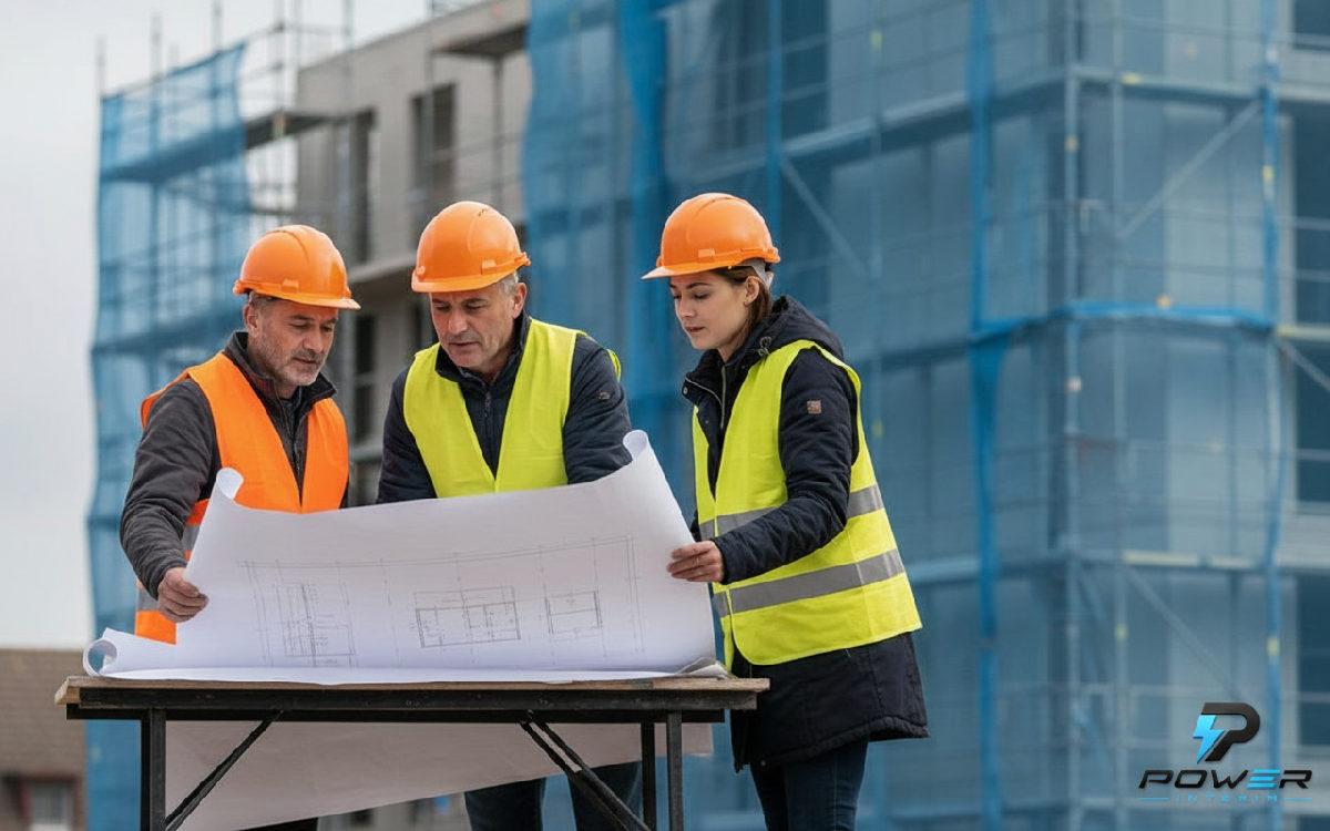 avis Power Interim recrutement international - Ouvriers roumains sur un chantier français examinant des plans.