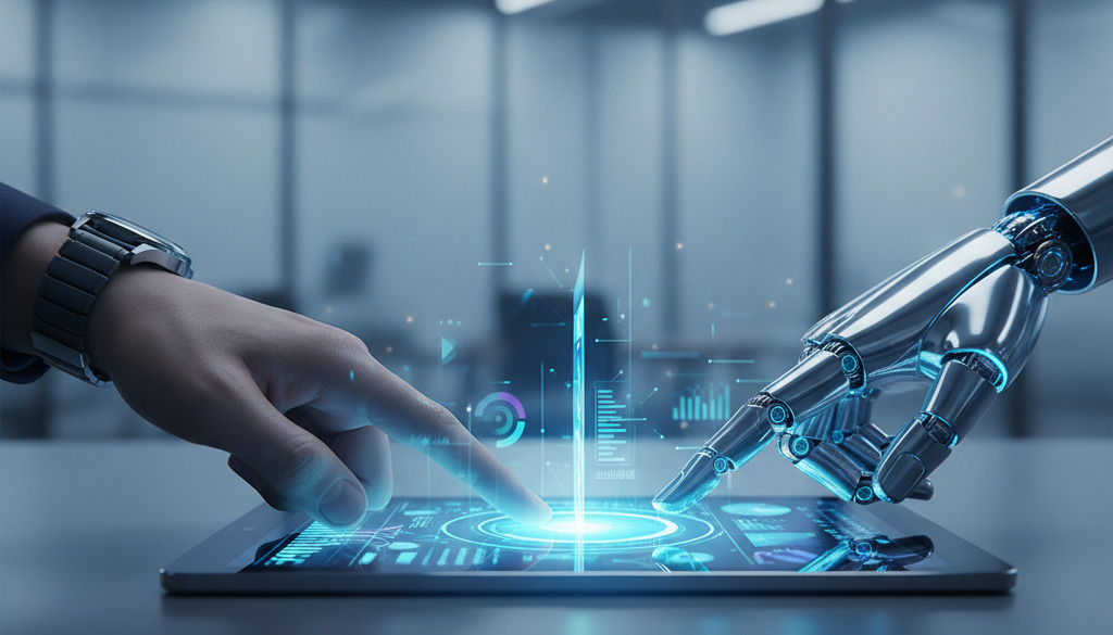 Human and robot hands collaborate on a digital tablet.