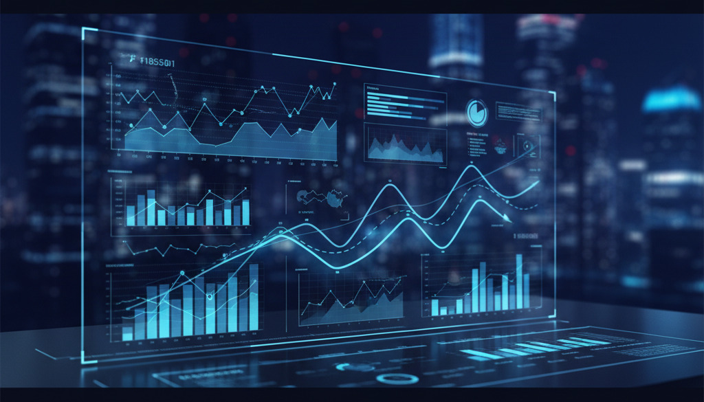 Futuristic dashboard displays predictive analytics for content marketing.
