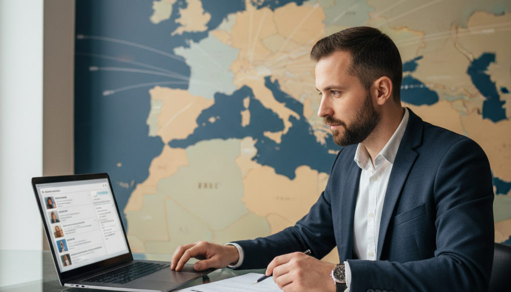 Manager examinant des CVs avec carte de Roumanie en arrière-plan.