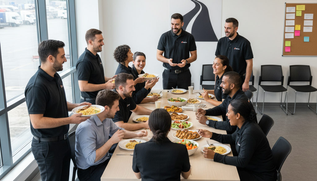 Chauffeurs routiers et employés partageant un repas convivial dans une entreprise.