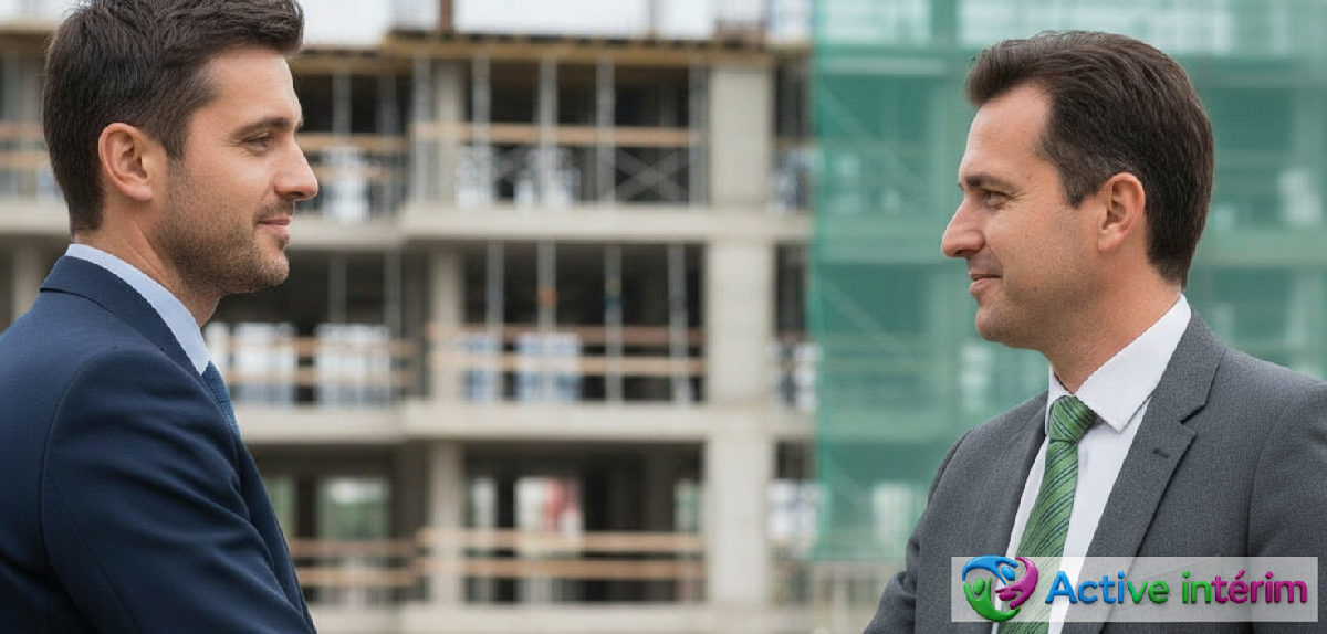 Poignée de main professionnelle franco-roumaine sur un chantier.