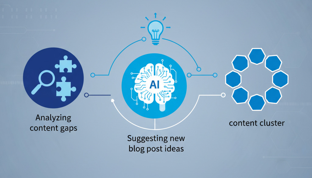 AI analyzes content gaps to build topical authority and suggest new blog ideas.