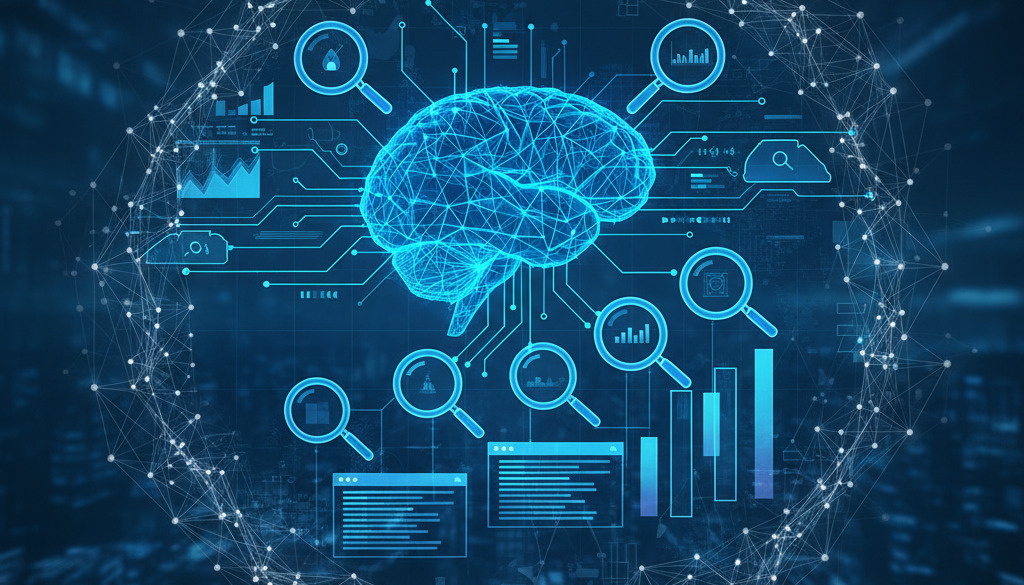 Visual representation of AI algorithms enhancing SEO article ranking and visibility.